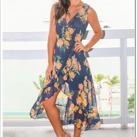 Saved By The Dress Dresses & Skirts - Saved by The Dress Blue Floral High Low Wrap Dress